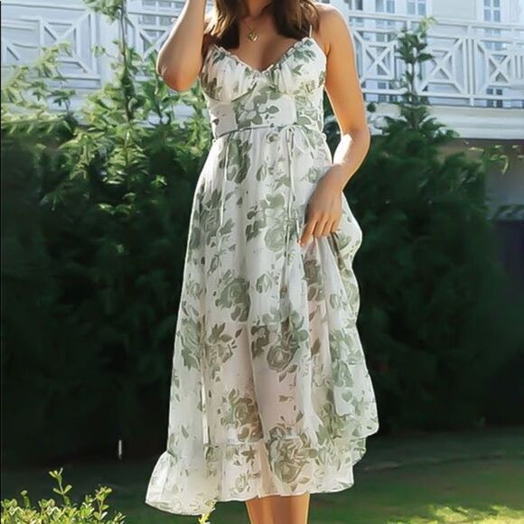 ✨HP✨Green Floral Print Classy Tied MidiCami Dress✨ - Picture 1 of 5